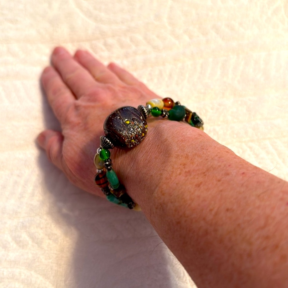 Hand made bracelet green and brown beads and stones